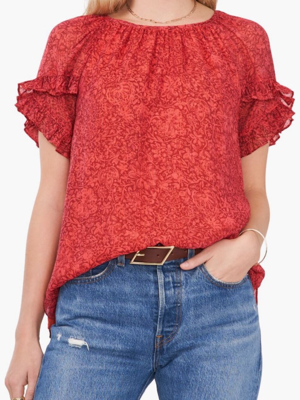 Vince Camuto Red Floral Ruffle Sleeve Blouse Short Sleeve Flowy Top